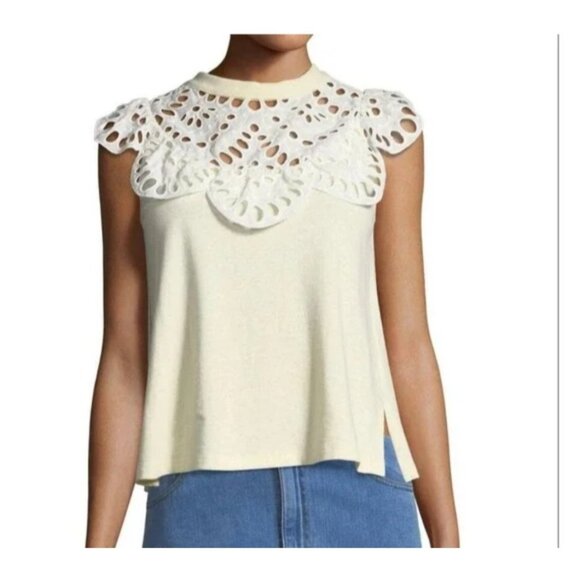See By Chloé Women's Sz S Neutral Ivory Lace Appliqué Top - Picture 1 of 7